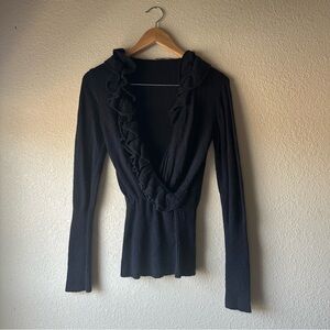 Navy Ruffled Deep V Women's Sweater